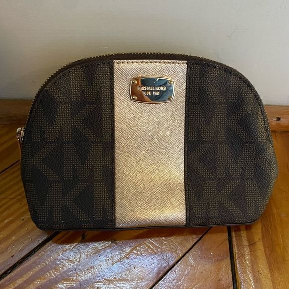 Michael Kors Travel Pouch Brown Gold Monogram Cosmetic Case - Picture 1 of 12